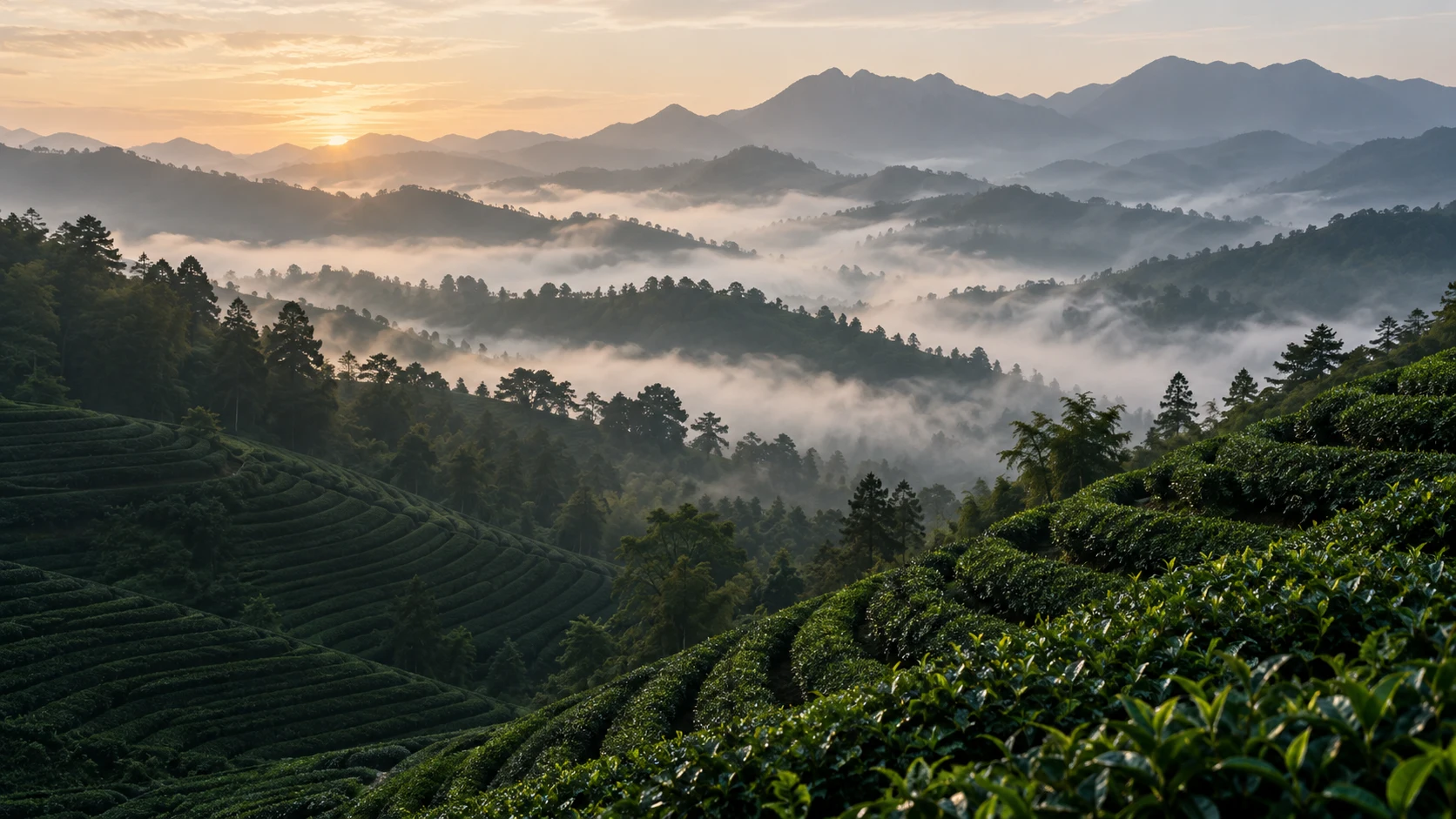 晨霧環繞層疊山巒與翠綠茶園的品牌意象